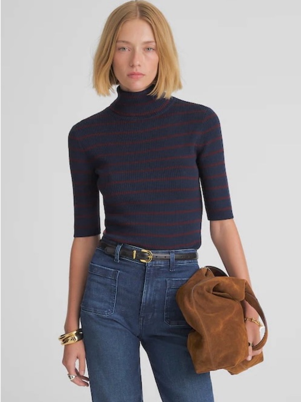 NWT Madewell Merino Wool Ribbed Turtleneck Tee in Deep Navy Stripe, NY532, XL - Picture 2 of 14